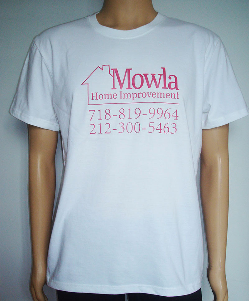 100% Cotton white promotional t-shirts with own logo printed on front, back and sleeve 