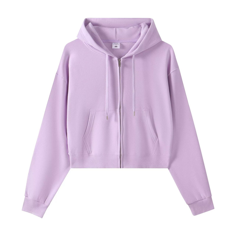 330GSM Women's Cropped Zip Up Long Sleeve Drawstring Casual Hoodie Sweatshirts HFCMH161